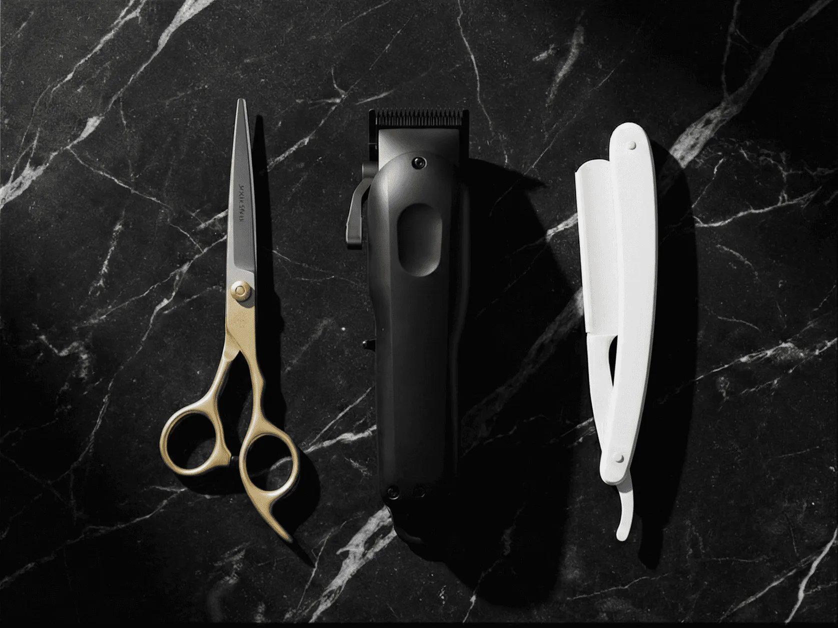 Barber tools: scissors, clippers and straight razor